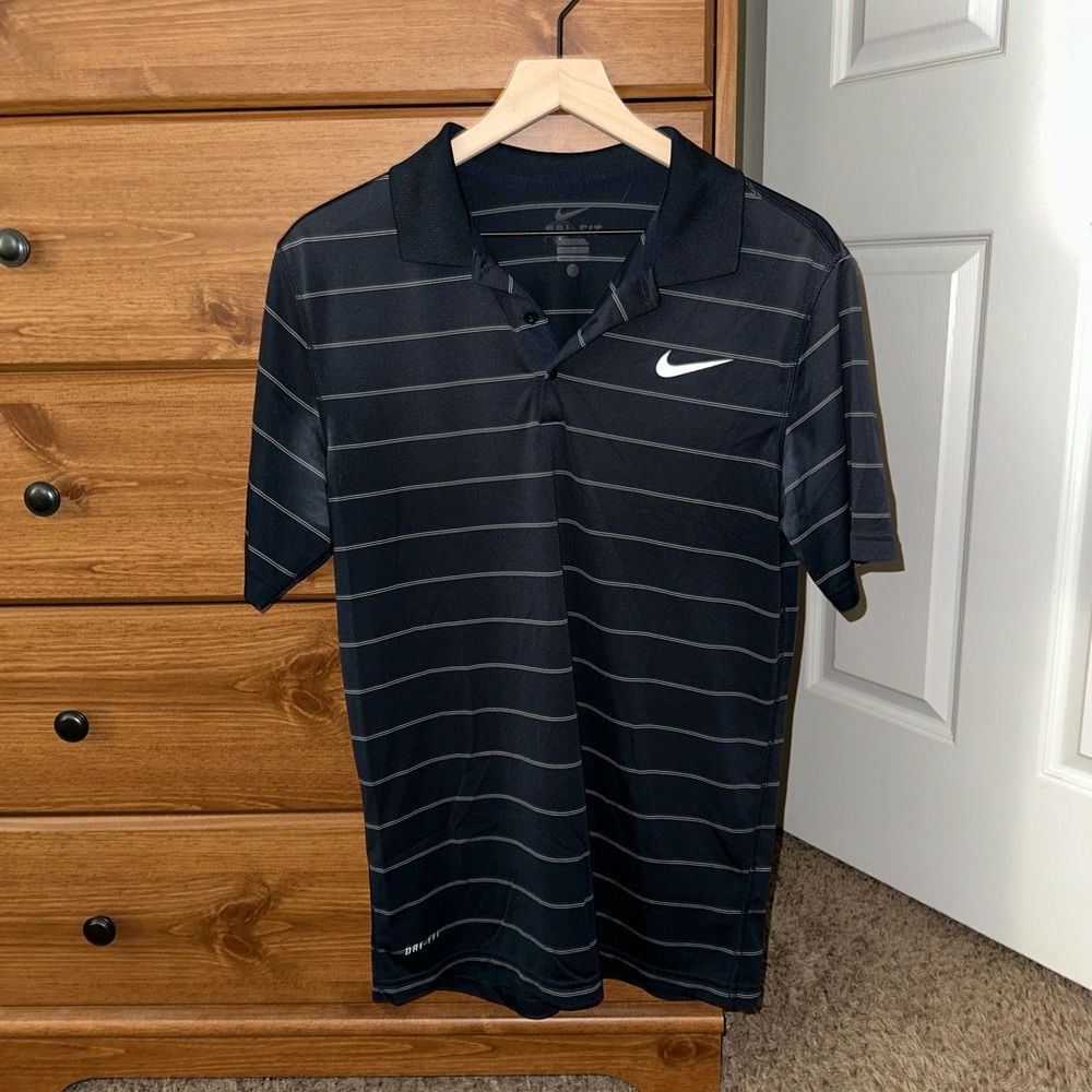 Nike Dri-Fit Dark Blue Striped Short Sleeve Golf Polo Shirt, Men’s Small